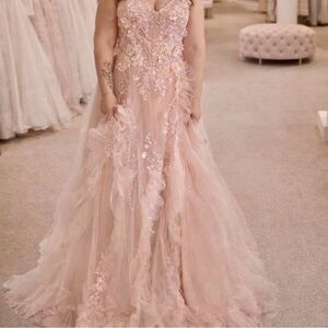 Blush Pink Floral Appliqué Tulle Ball Gown